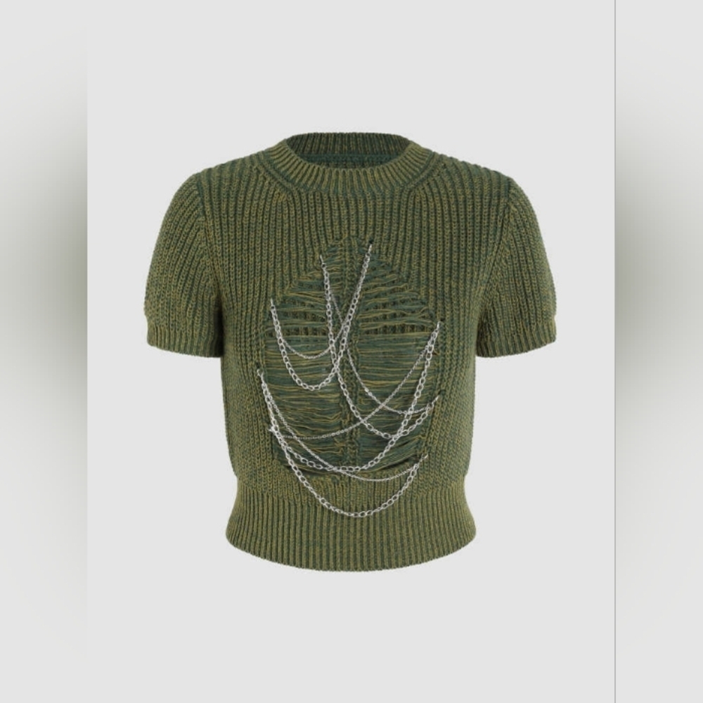 Round neck chain destroyed knit shorts sleeve crop top - Cider - Picture 1 of 7